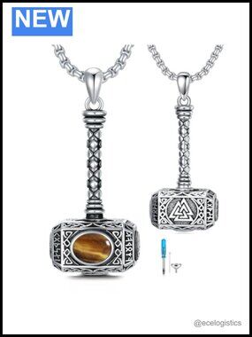 Sterling Silver Thor's Hammer Pendant Necklace with Tiger's Eye